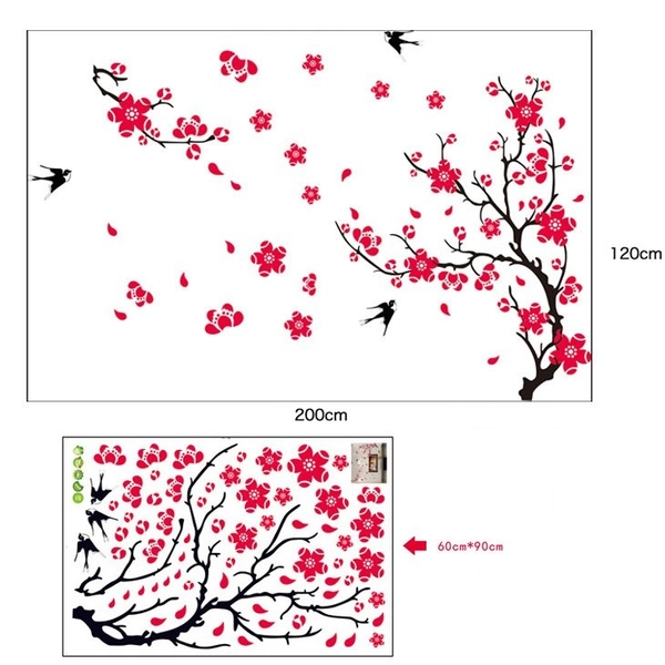 Decal tết cành đào đỏ và chim én mùa xuân