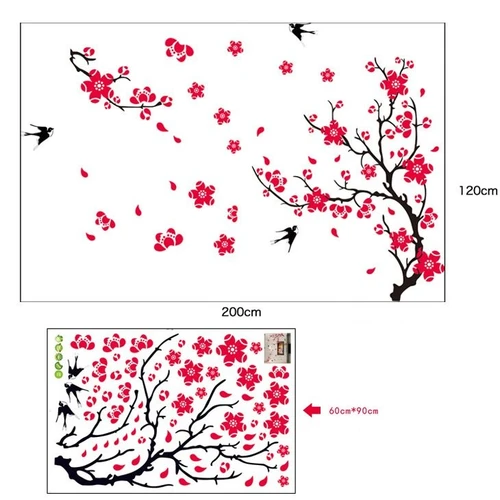 Decal tết cành đào đỏ và chim én mùa xuân
