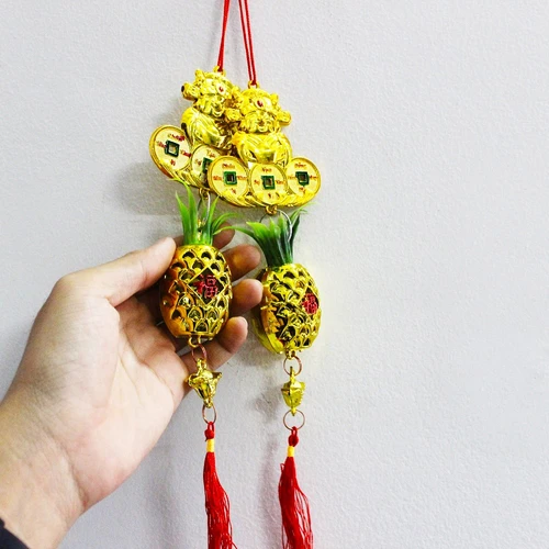 Dây lộc Thần tài đồng tiền trái thơm vàng trang trí tết