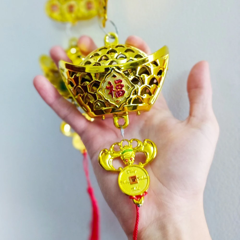 Lộc treo Thỏi vàng lưới và thần tài trang trí tết (2 dây)