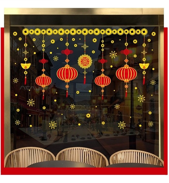 Decal trang trí tết lồng đèn đỏ may mắn 2