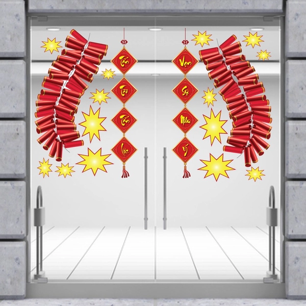 Combo decal trang trí tết pháo đỏ vạn sự như ý tấn tài tấn lộc