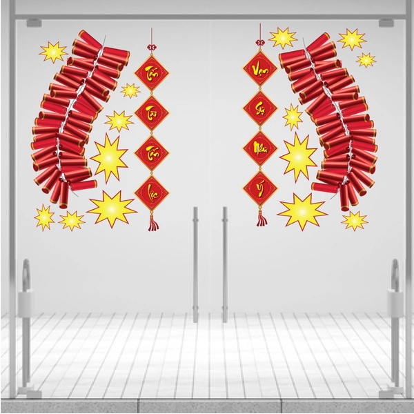 Combo decal trang trí tết pháo đỏ vạn sự như ý tấn tài tấn lộc