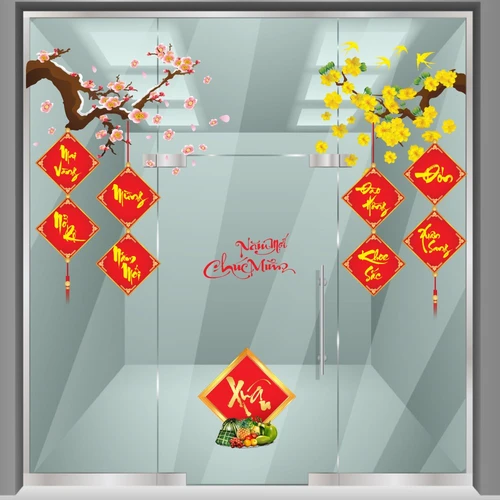 Combo decal trang trí tết Mai đào câu đối đỏ đón xuân (HN)