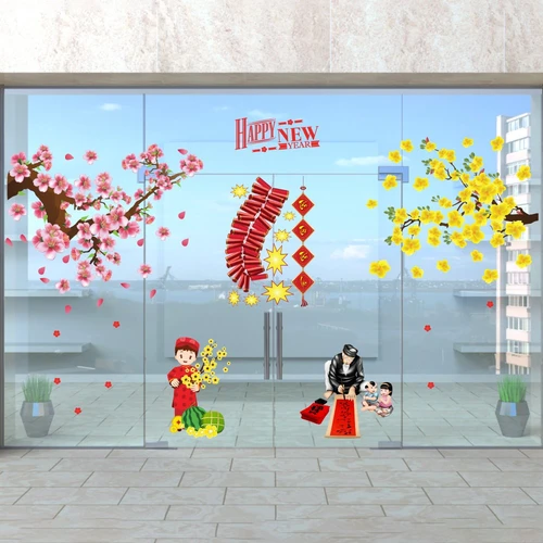 Combo decal trang trí tết mai đào khoe sắc xuân mẫu 04 (HN)