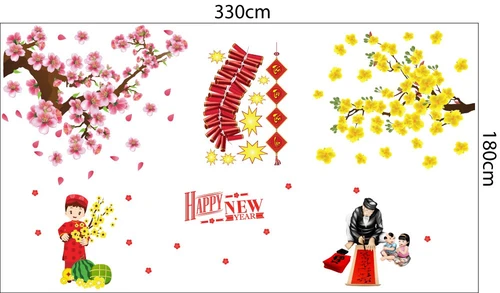 Combo decal trang trí tết mai đào khoe sắc xuân mẫu 04 (HN)