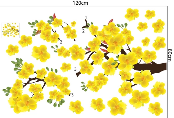 Combo decal trang trí tết mai đào khoe sắc xuân mẫu 04 (HN)