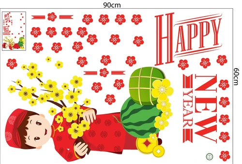 Combo decal trang trí tết mai đào khoe sắc xuân mẫu 04 (HN)