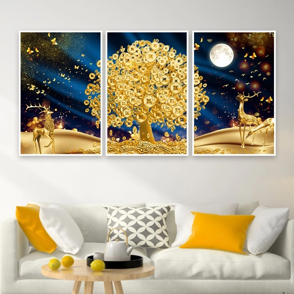 Tranh Treo Tường 3D Cây Đồng Tiền Vàng Và Đàn Hươu Vàng (HG)