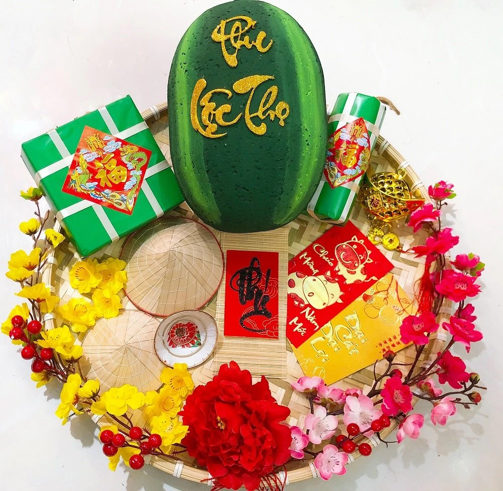 Mẹt dưa hấu đỏ phúc lộc thọ trang trí tết