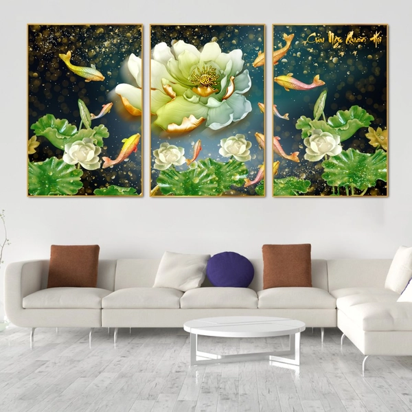 Tranh cửu ngư quần hội bên ao sen 3D nghệ thuật
