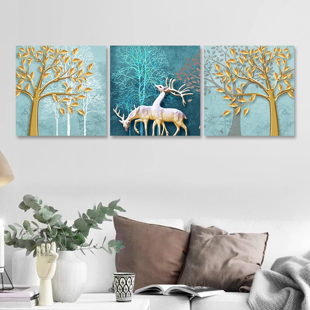 Tranh treo tường cặp hươu giữa rừng vàng