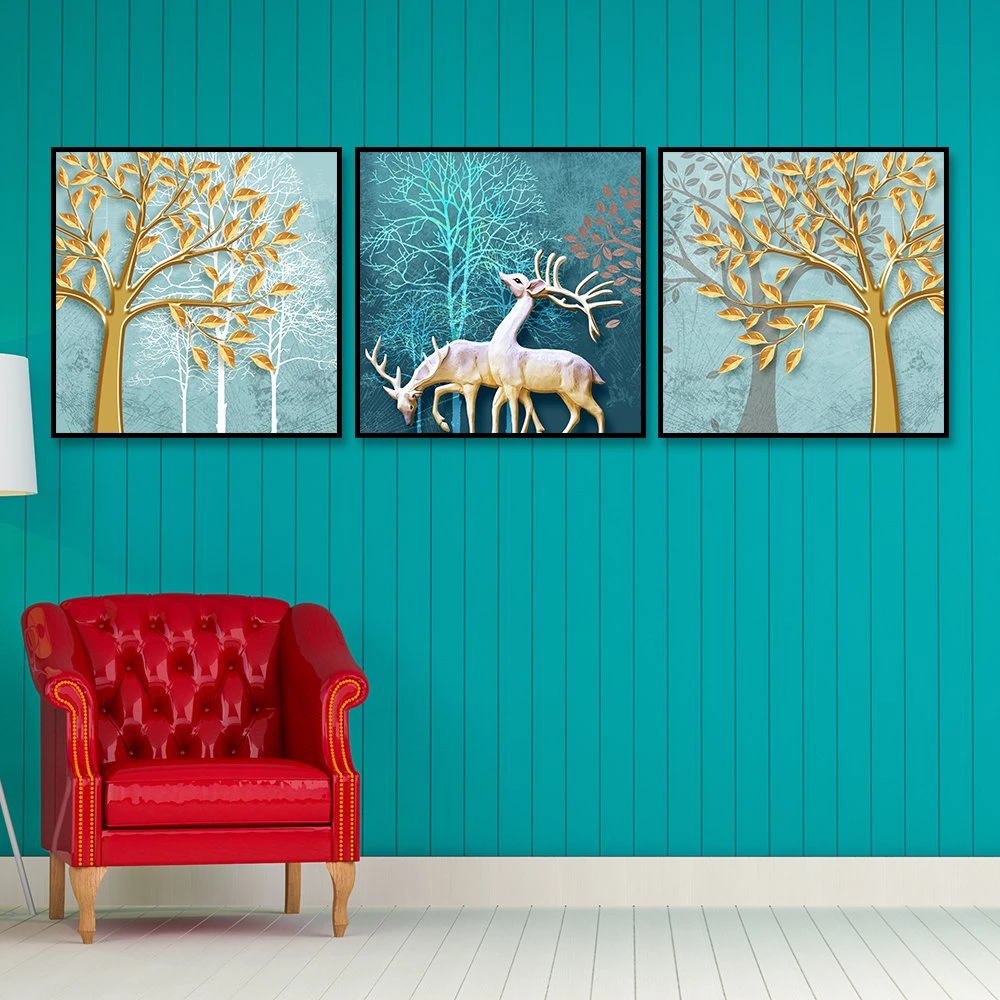 Tranh treo tường cặp hươu giữa rừng vàng