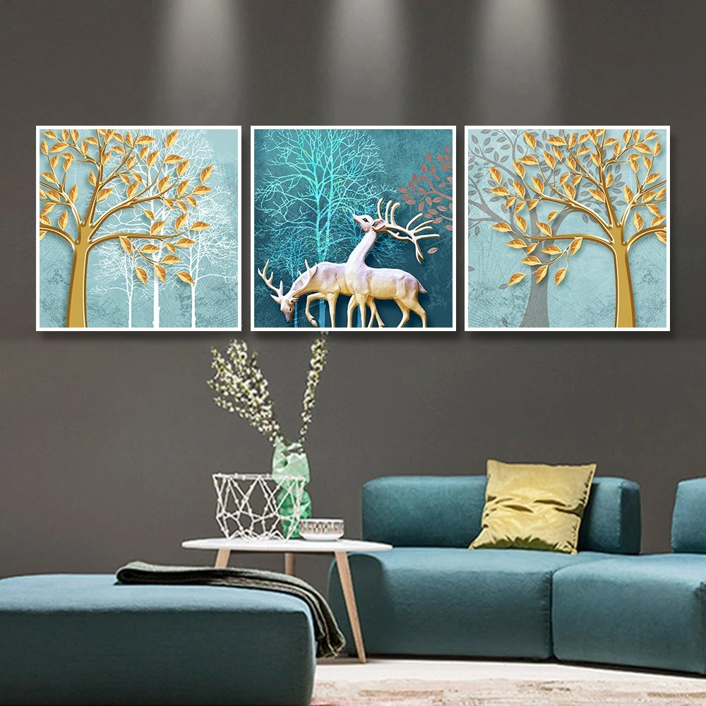 Tranh treo tường cặp hươu giữa rừng vàng