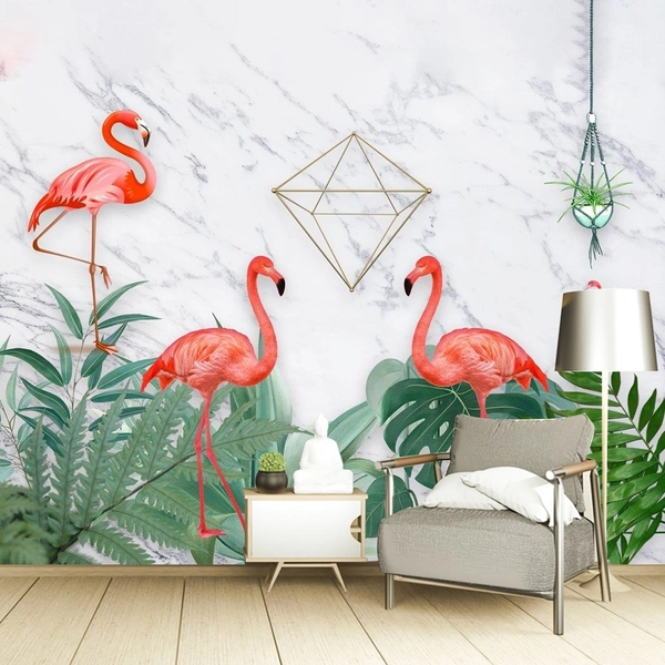 Tranh dán tường hồng hạc và lá xanh