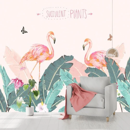 Tranh dán tường hồng hạc và lá xanh