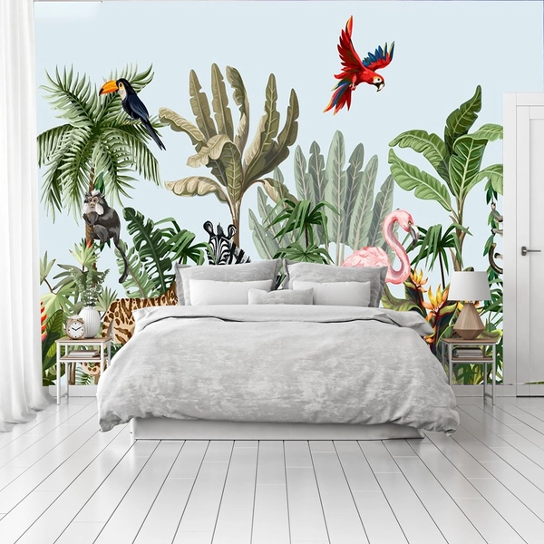 Tranh dán tường vẹt và hoa thiên điểu