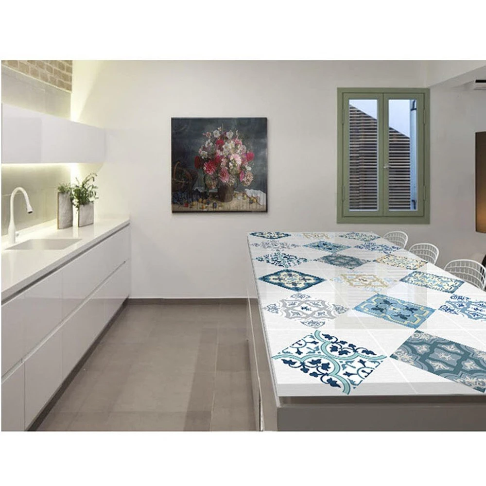 Decal dán bếp hoa văn xanh