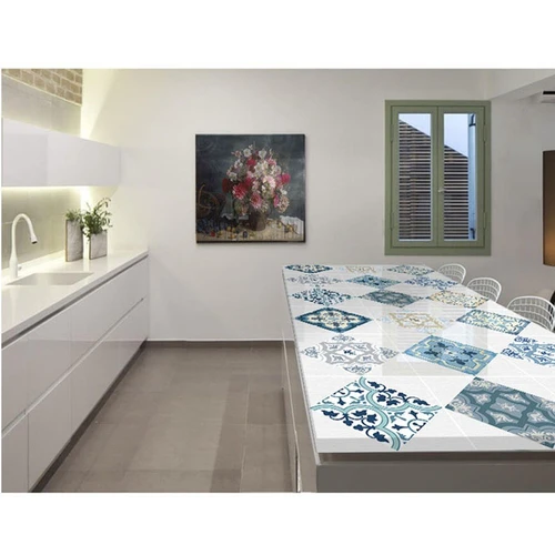 Decal dán bếp hoa văn xanh