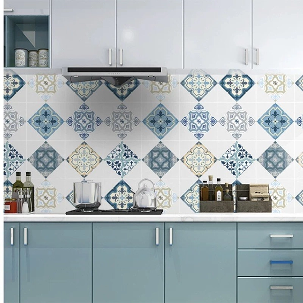 Decal dán bếp hoa văn xanh