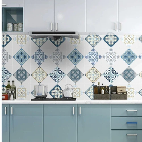 Decal dán bếp hoa văn xanh