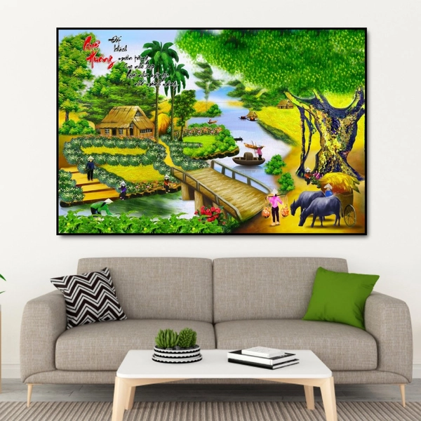 Tranh Treo Tường Phong Cảnh Đồng Quê Cây Cầu Và Ngôi Nhà Bên Sông