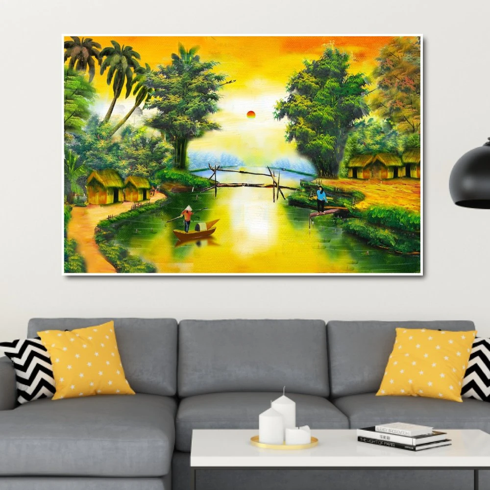 Tranh treo tường hoàng hôn trên sông quê 2