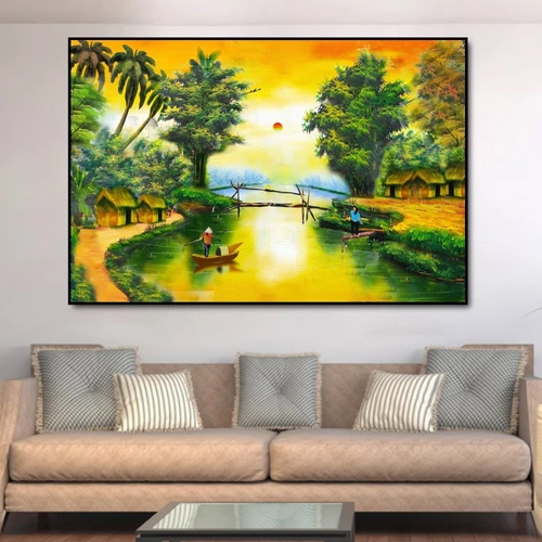 Tranh treo tường hoàng hôn trên sông quê 2