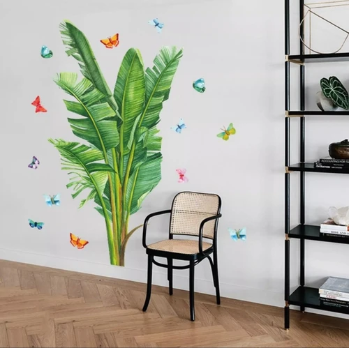 Decal dán tường lá chuối xanh và những chú bướm sắc màu