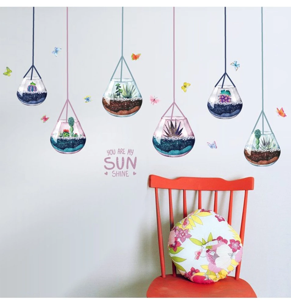 Decal dán tường lọ cây thủy tinh treo