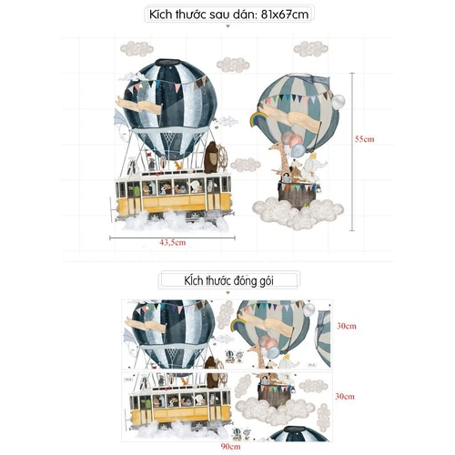 Decal dán tường khinh khí cầu và muôn thú