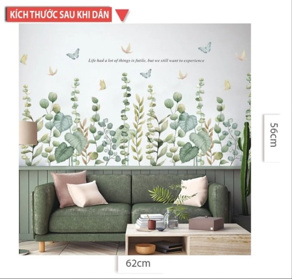 Decal dán tường lá xanh và bướm