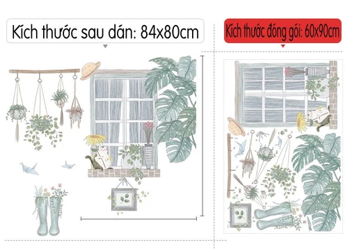 Decal dán tường góc cây xanh và cửa sổ
