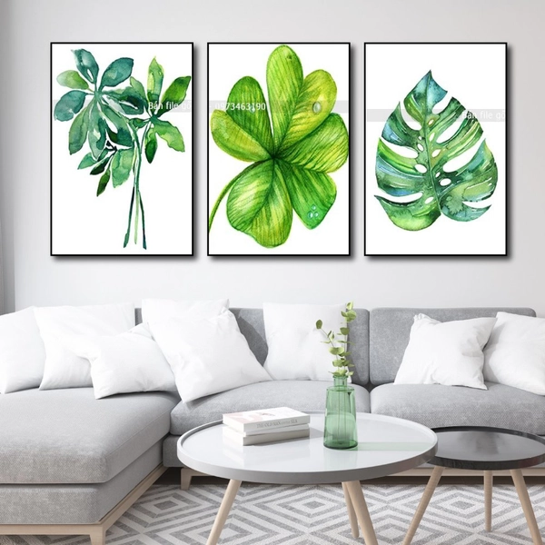 Tranh Treo Tường Bộ 3 Tấm Lá Xanh Nhiệt Đới Tươi Mát
