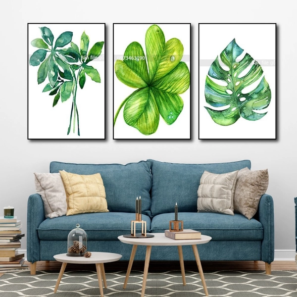 Tranh Treo Tường Bộ 3 Tấm Lá Xanh Nhiệt Đới Tươi Mát