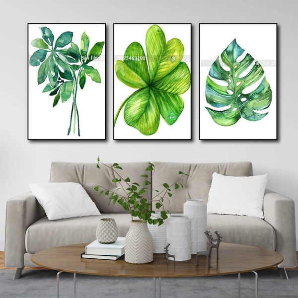 Tranh Treo Tường Bộ 3 Tấm Lá Xanh Nhiệt Đới Tươi Mát