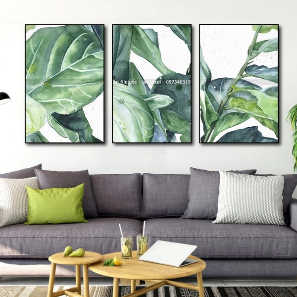 Tranh Treo Tường Bộ 3 Tấm Lá Xanh Nhiệt Đới Tươi Mát