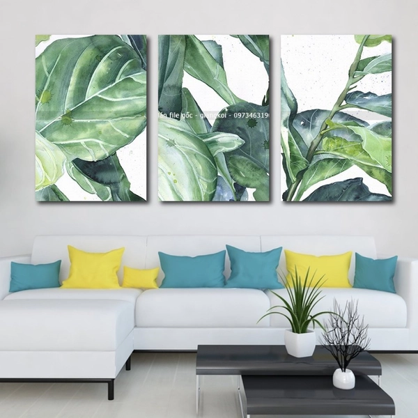Tranh Treo Tường Bộ 3 Tấm Lá Xanh Nhiệt Đới Tươi Mát
