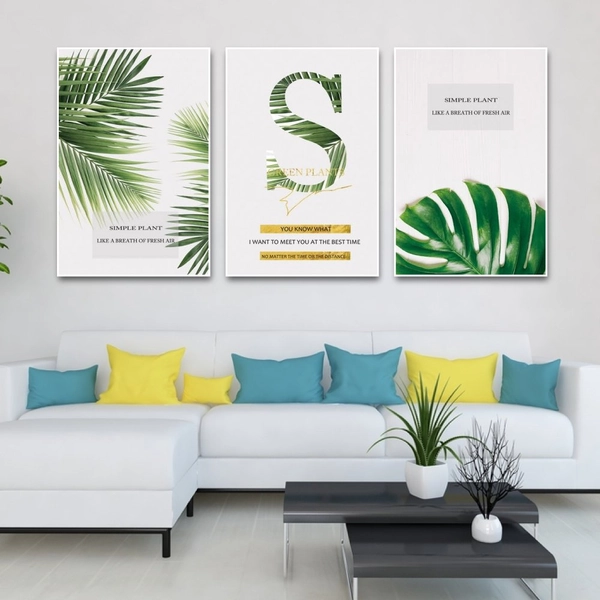 Tranh Treo Tường Bộ 3 Tấm Lá Xanh Nhiệt Đới Tươi Mát