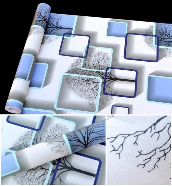 10m Giấy Dán Tường Cây Ô Vuông Màu Xanh Dương