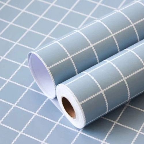 Giấy Dán Tường Sọc Ô Vuông Màu Xanh Nhạt Cuộn 0,45x10m