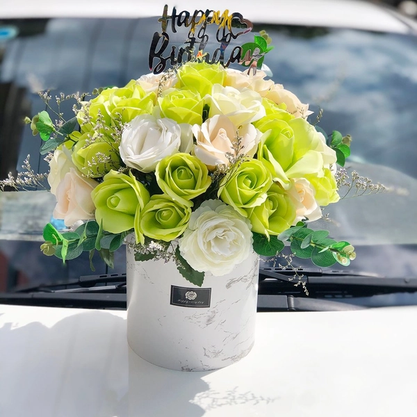 Hộp hoa hồng sáp thơm để bàn sắc xanh