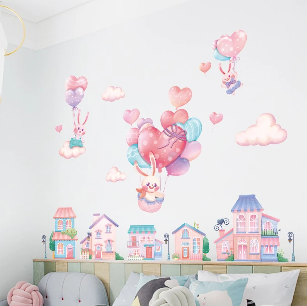 Decal thành phố và khí cầu thỏ hồng