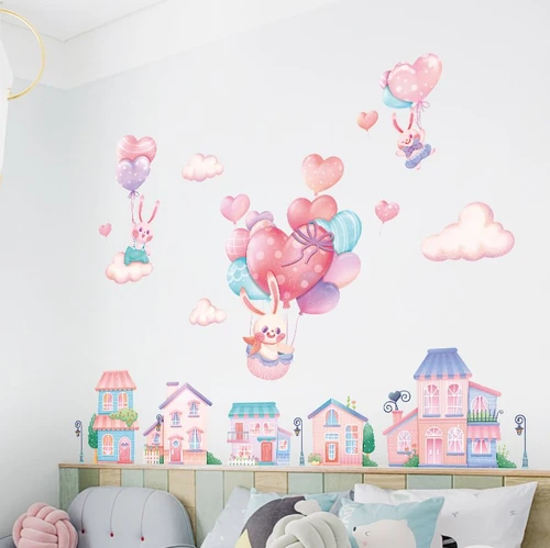 Decal thành phố và khí cầu thỏ hồng