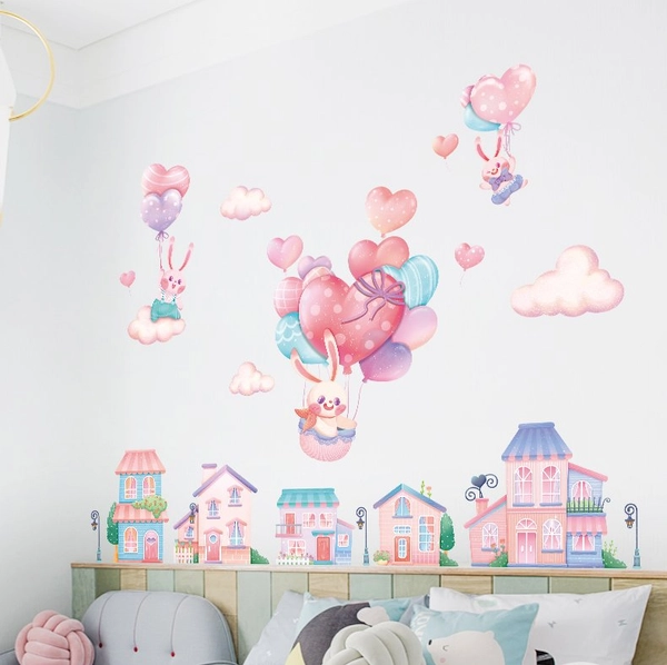 Decal thành phố và khí cầu thỏ hồng