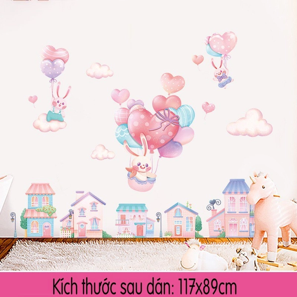 Decal thành phố và khí cầu thỏ hồng