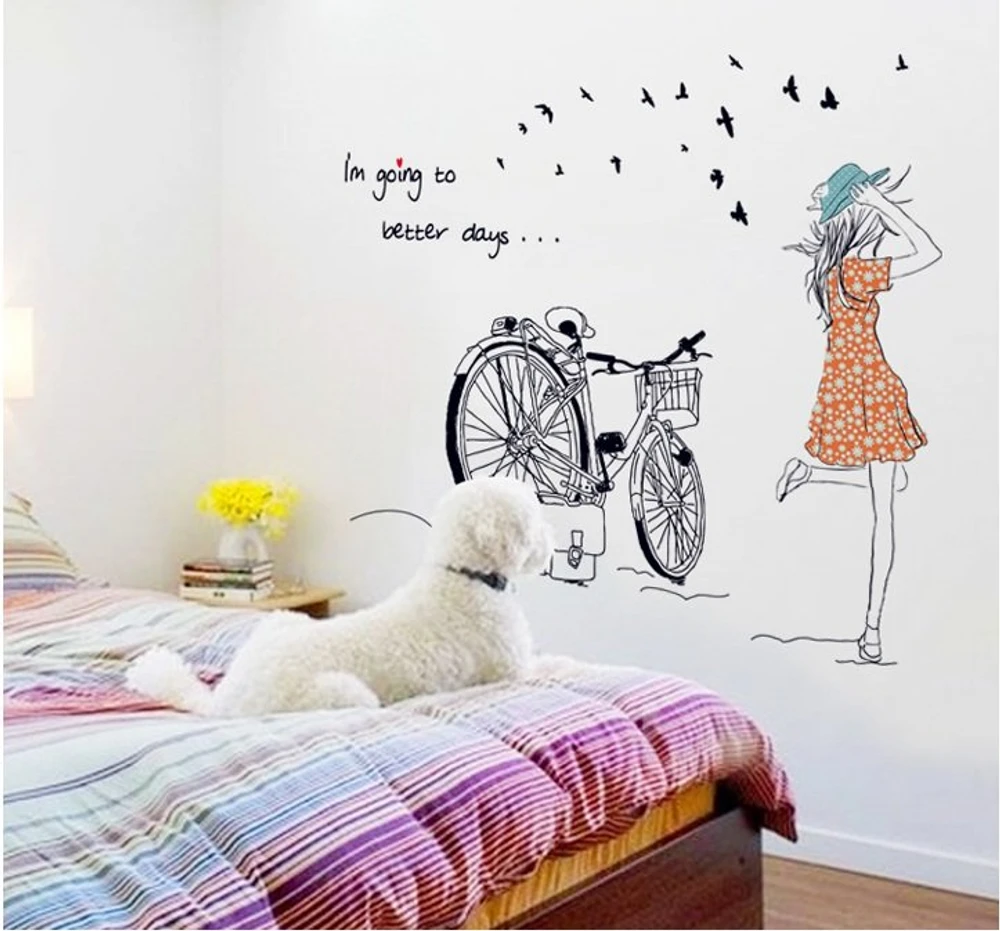 Decal dán tường Cô gái và xe đạp