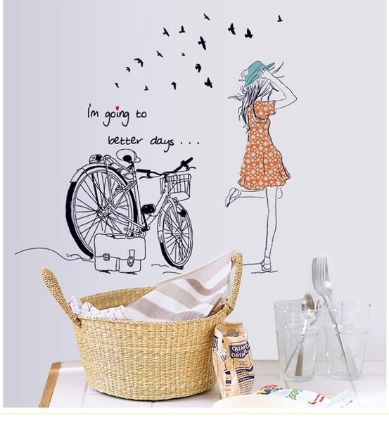Decal dán tường Cô gái và xe đạp