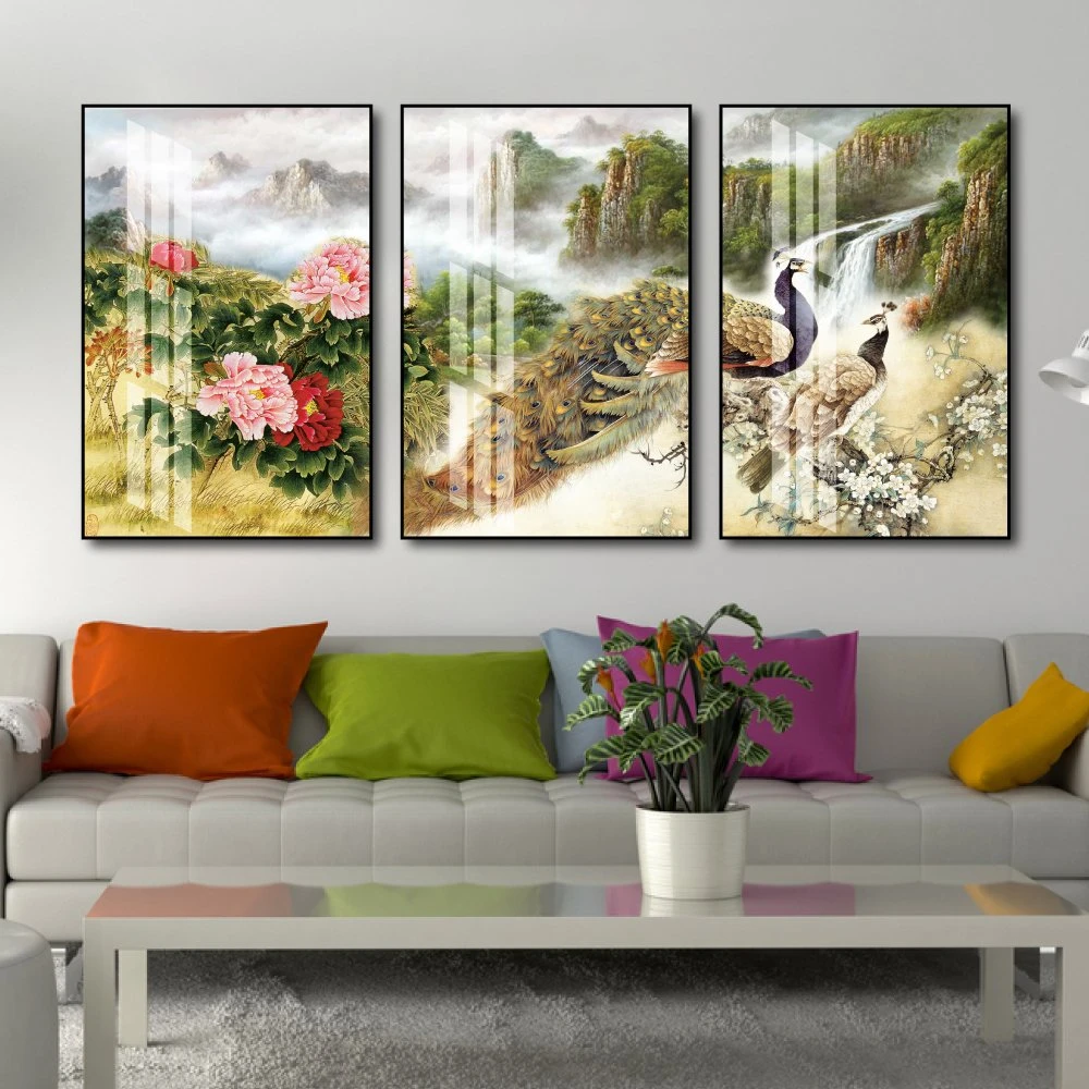 Tranh treo tường chim công và hoa mẫu đơn