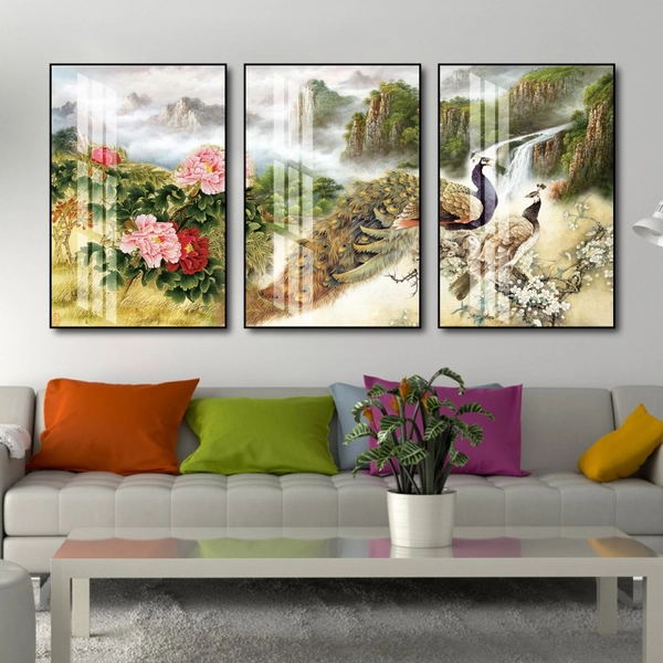 Tranh treo tường chim công và hoa mẫu đơn